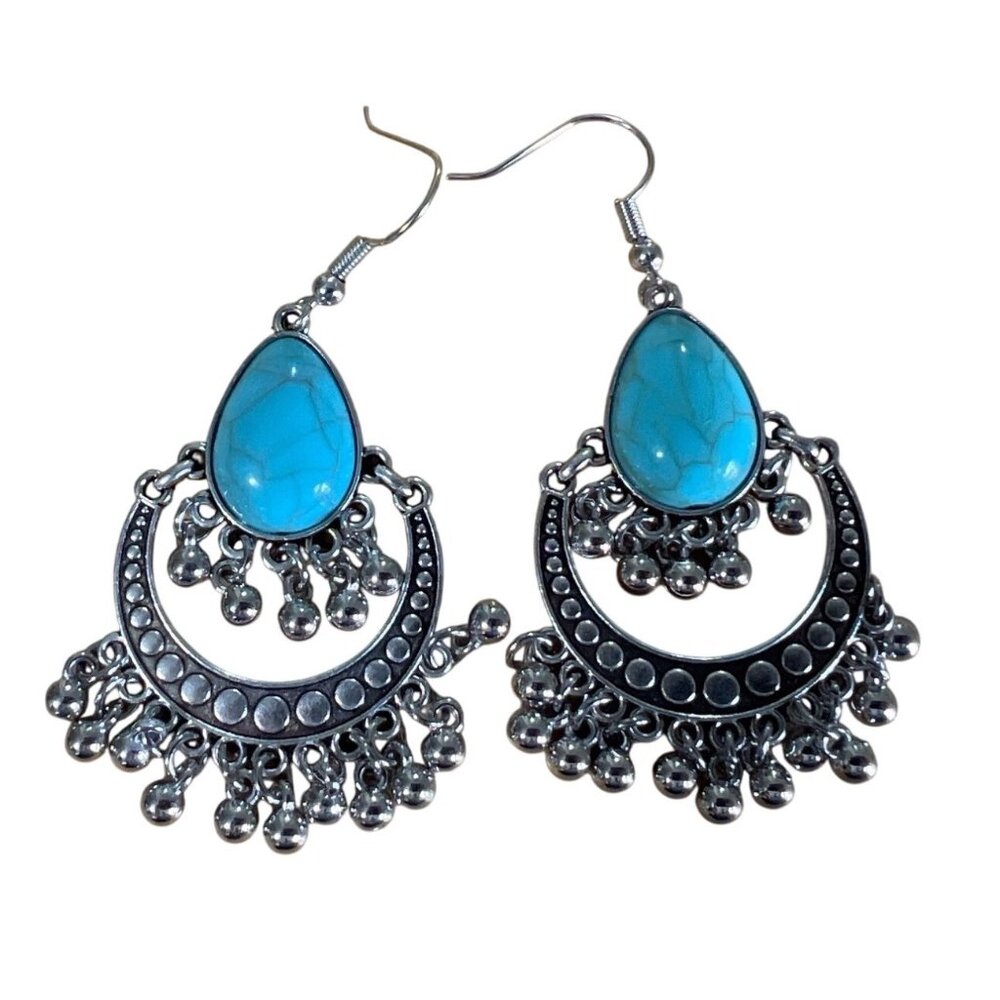 Bohemian Turquoise  Style Silver Tome‎  Earrings Filligree Southwestern Cowgirl